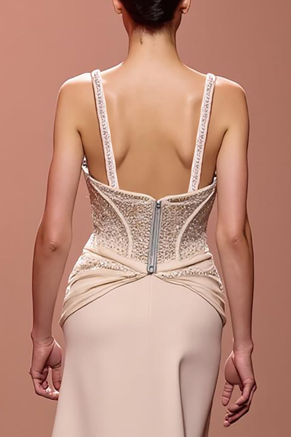 Champagne V-Neck Long Sheath Evening Dress with Sequins