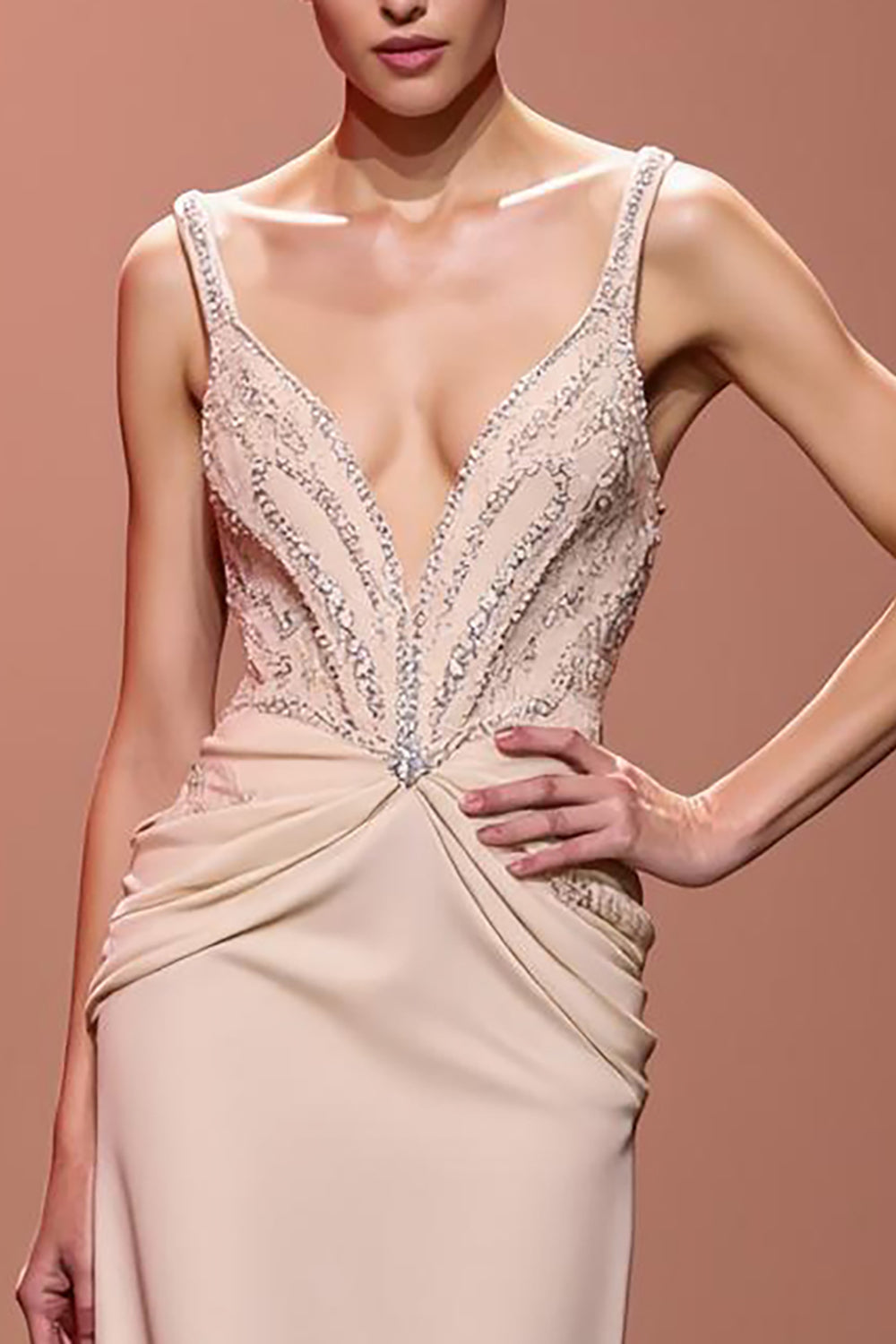 Champagne V-Neck Long Sheath Evening Dress with Sequins