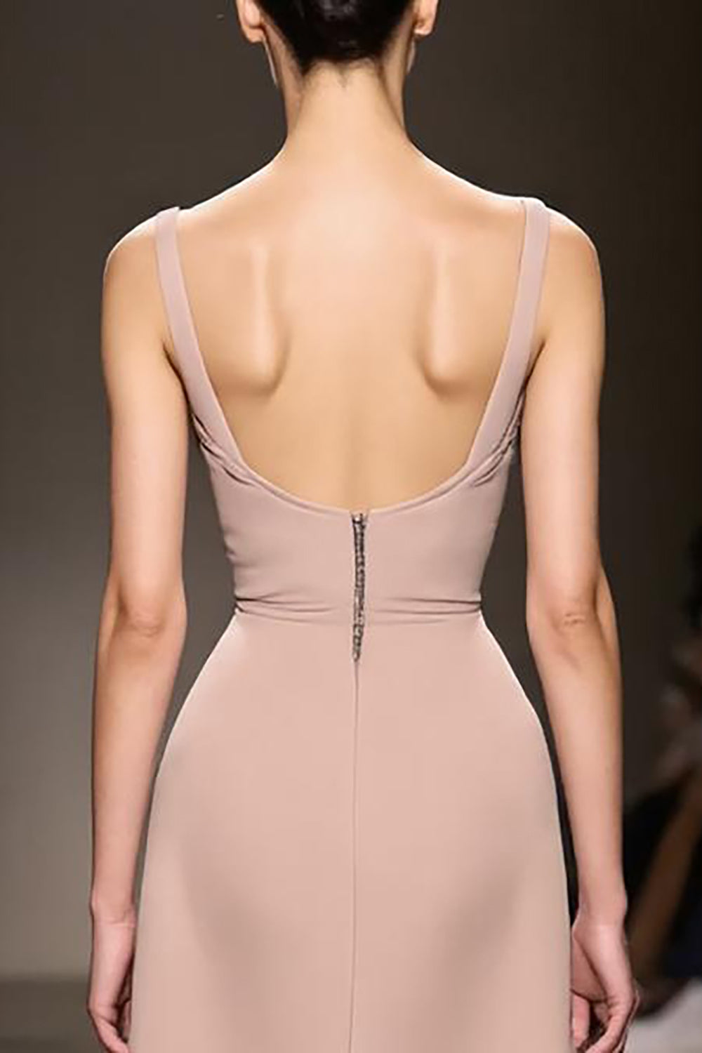Champagne Spaghetti Straps A Line Evening Dress with Open Back