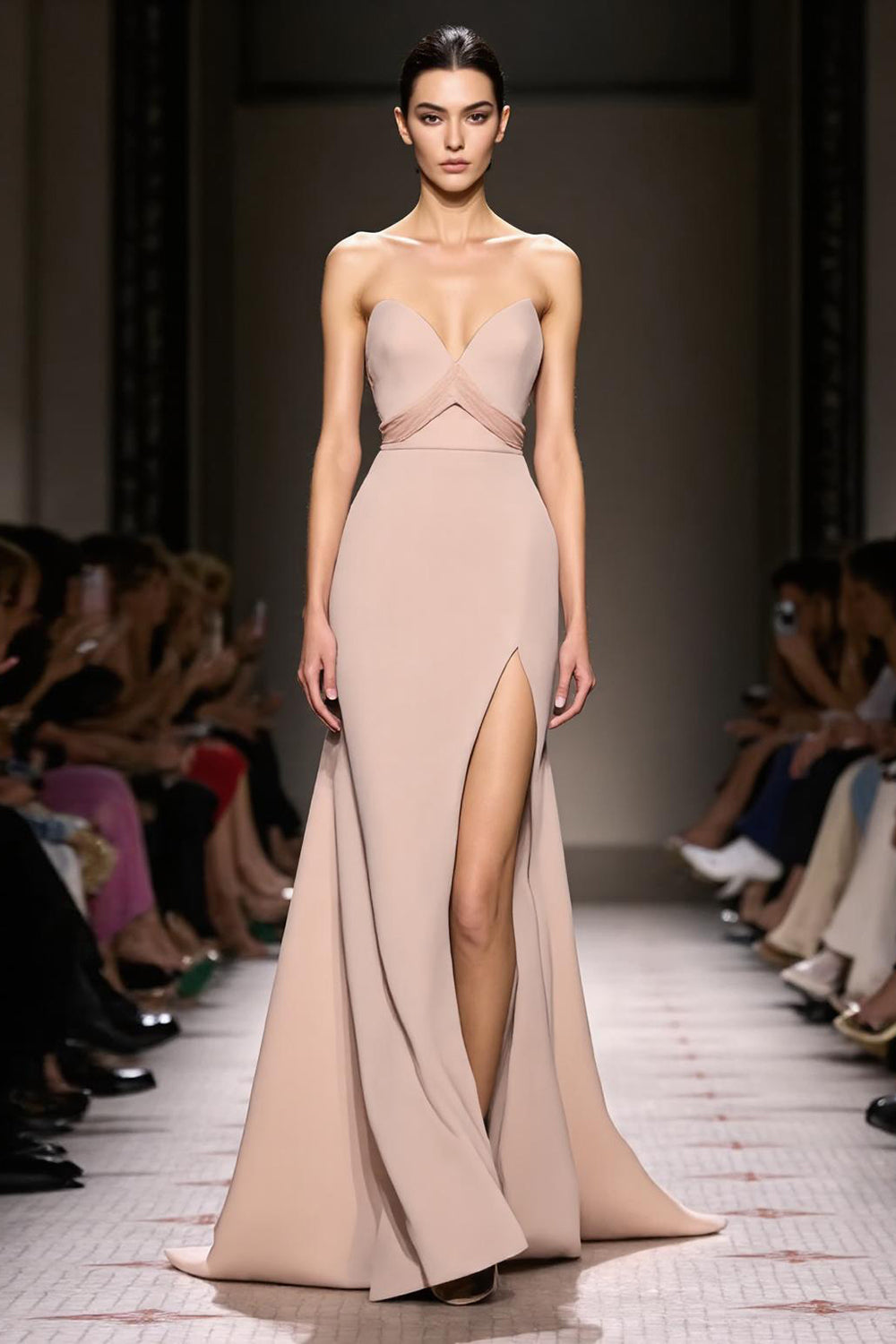 Strapless Backless A Line Champagne Evening Dress with Slit