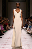 Simple Ivory V-Neck Sheath Long Evening Dress
