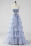 Lavender Strapless Corset Sequin Prom Dress with Slit