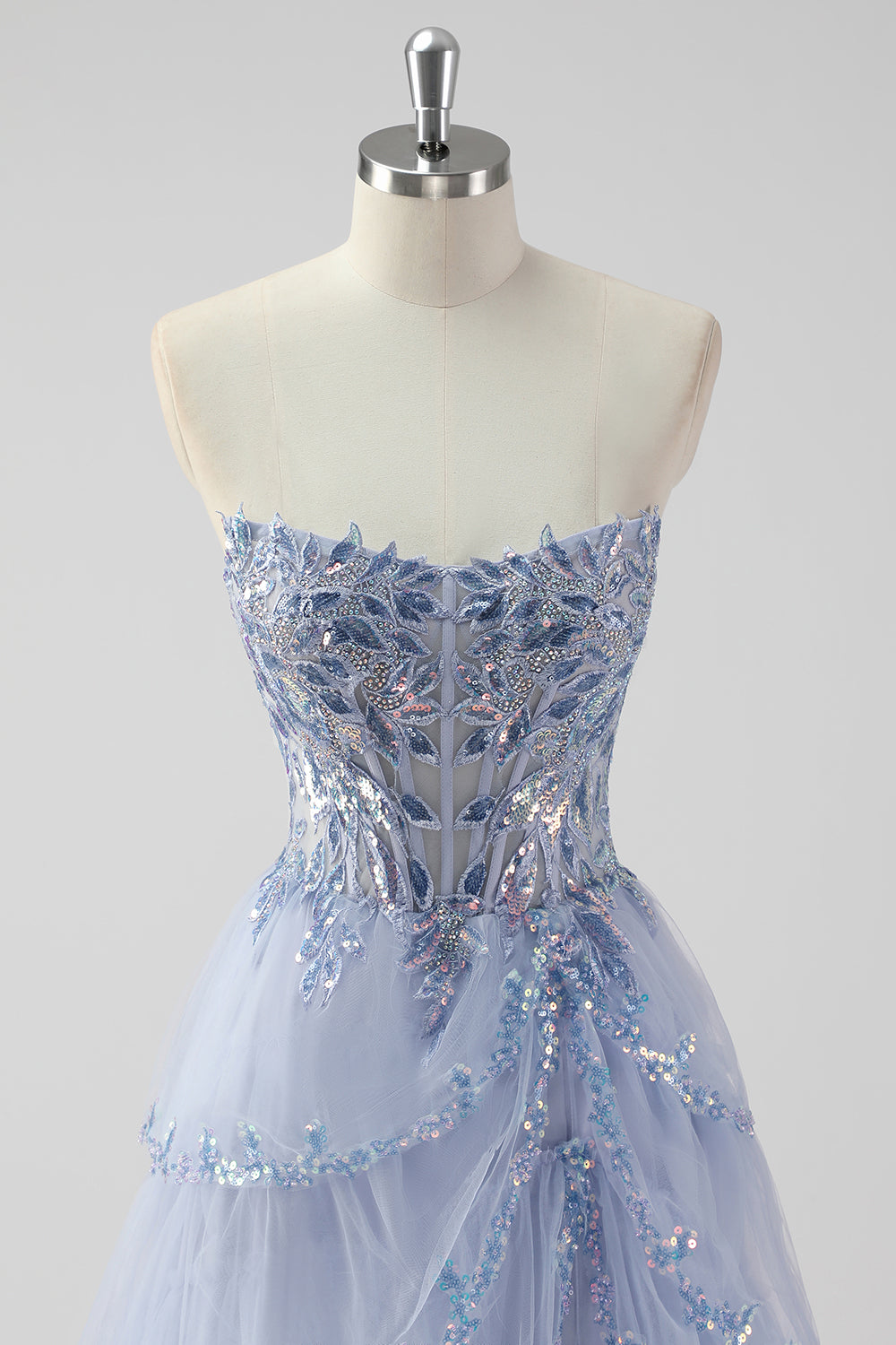 Lavender Strapless Corset Sequin Prom Dress with Slit