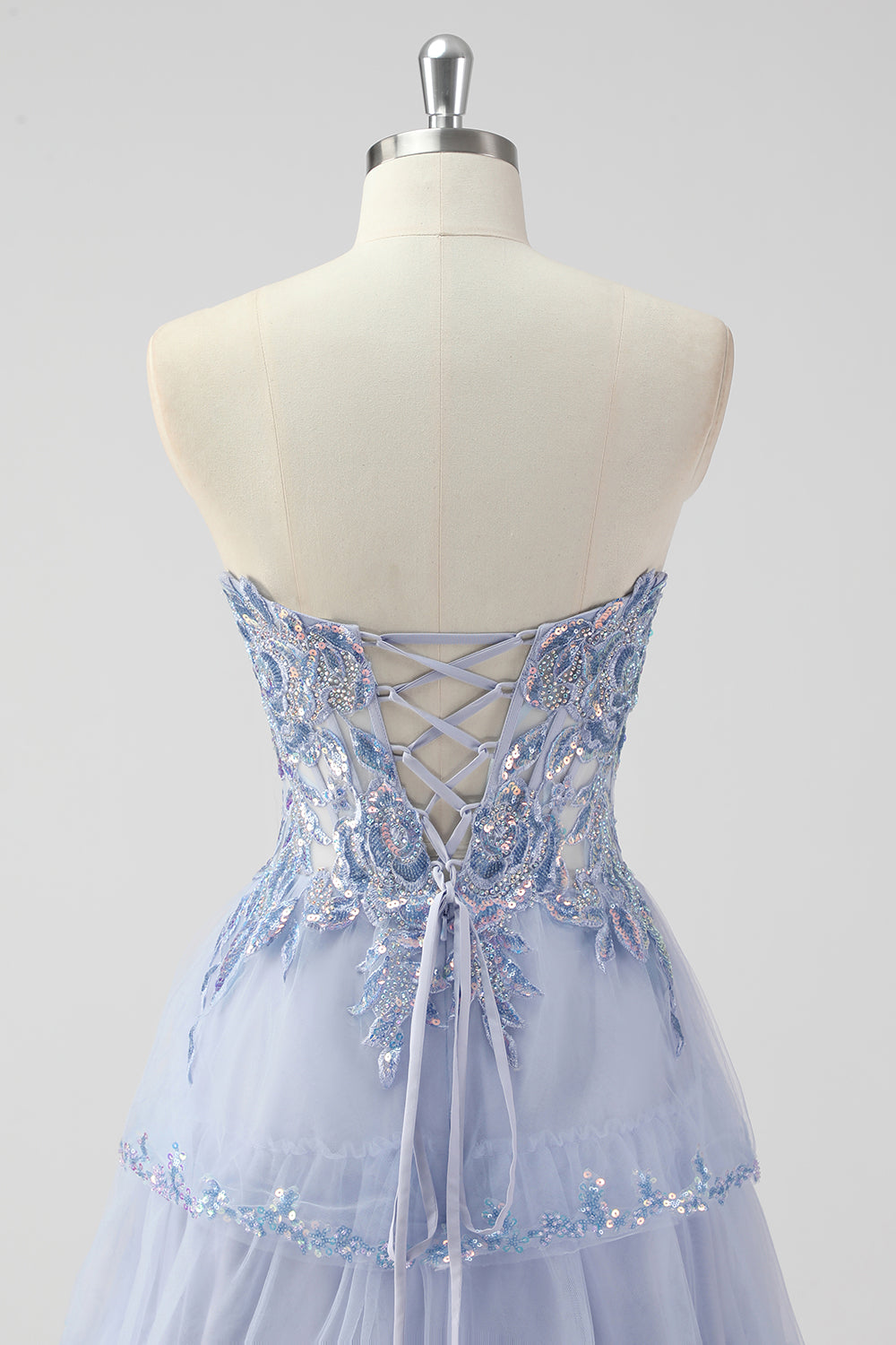 Lavender Strapless Corset Sequin Prom Dress with Slit