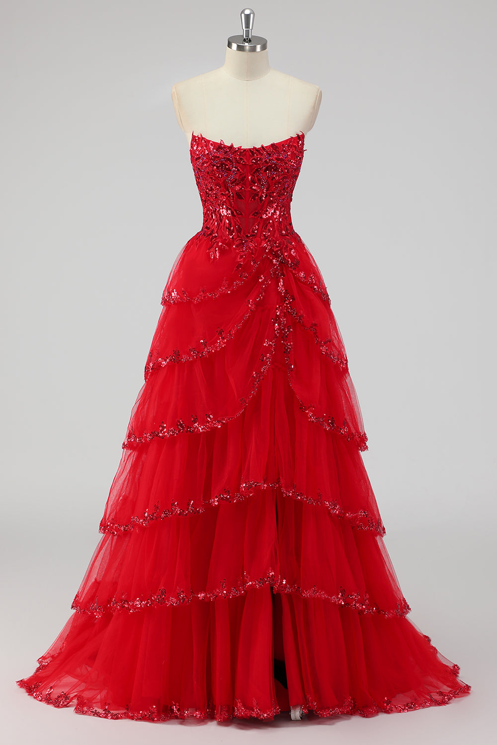 Lavender Strapless Corset Sequin Prom Dress with Slit