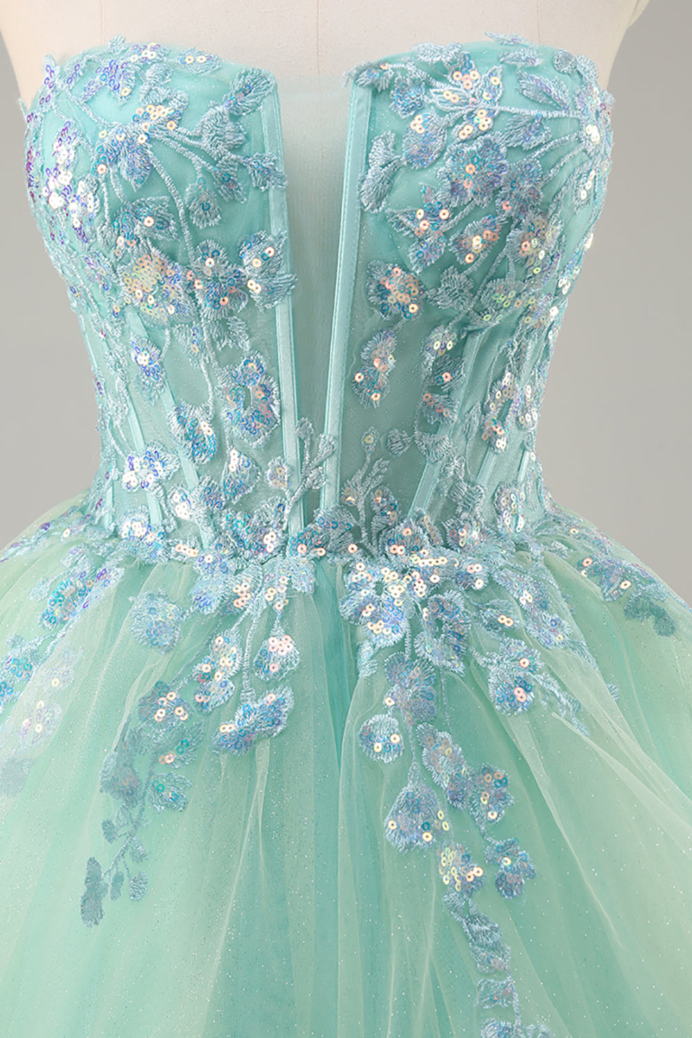 Strapless Appliqued Corset Green Prom Dress with Ruffles