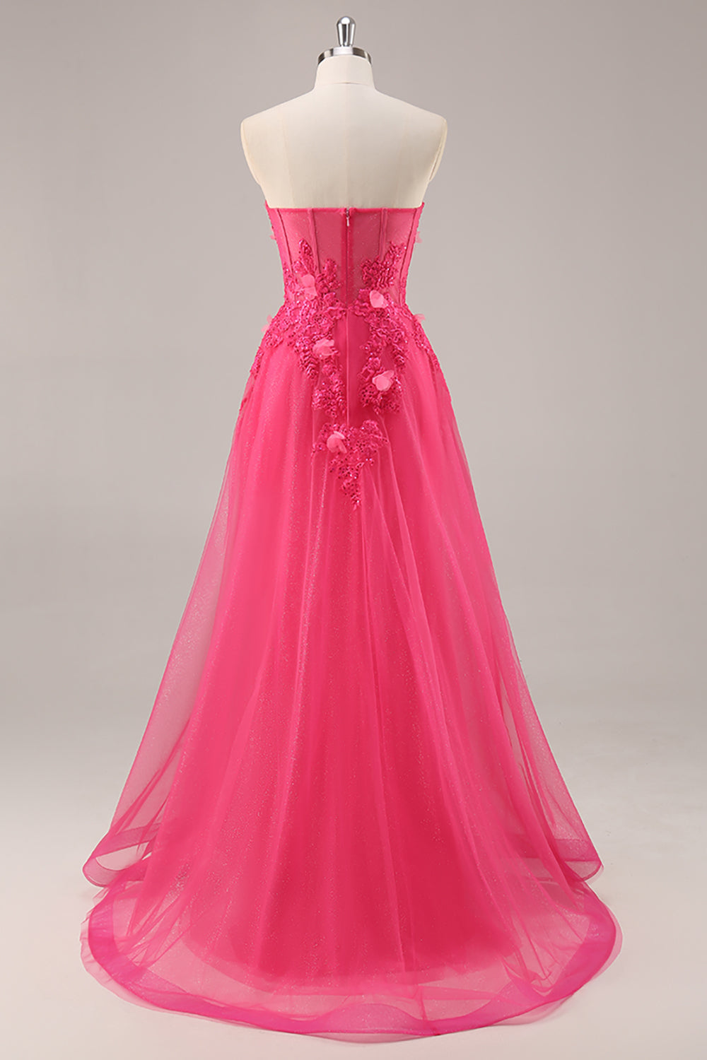 Strapless Appliqued Fuchsia Prom Dress with 3D Flowers