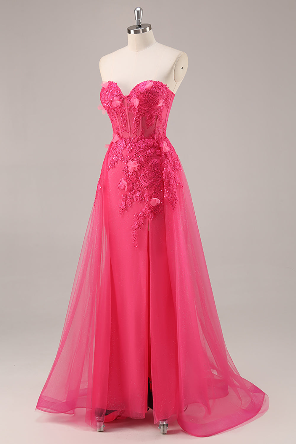 Strapless Appliqued Fuchsia Prom Dress with 3D Flowers