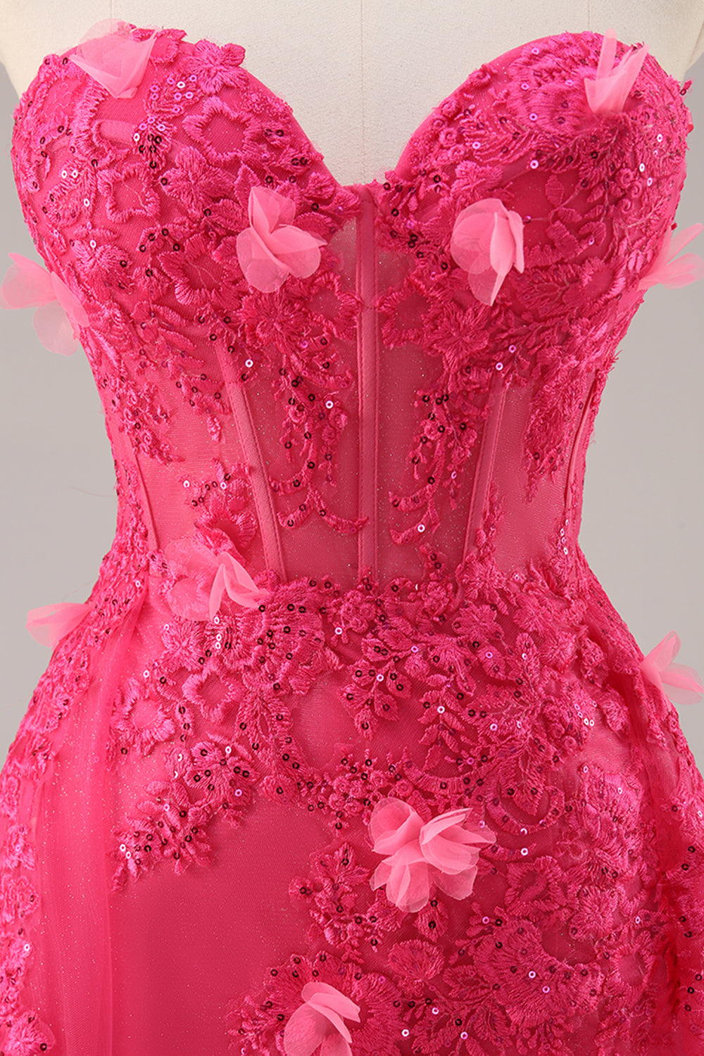 Strapless Appliqued Fuchsia Prom Dress with 3D Flowers