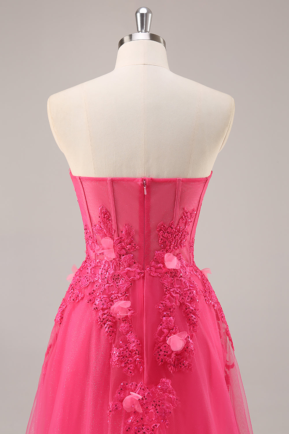 Strapless Appliqued Fuchsia Prom Dress with 3D Flowers