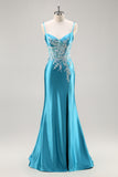 Blue Appliqued Satin Prom Dress with Slit