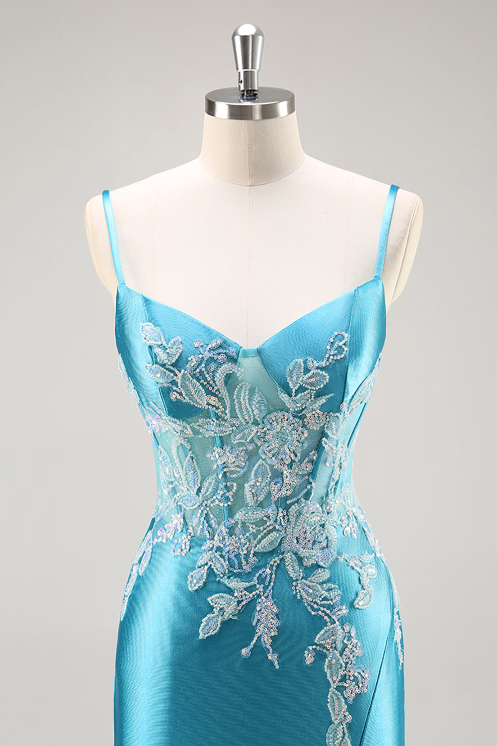 Blue Appliqued Satin Prom Dress with Slit