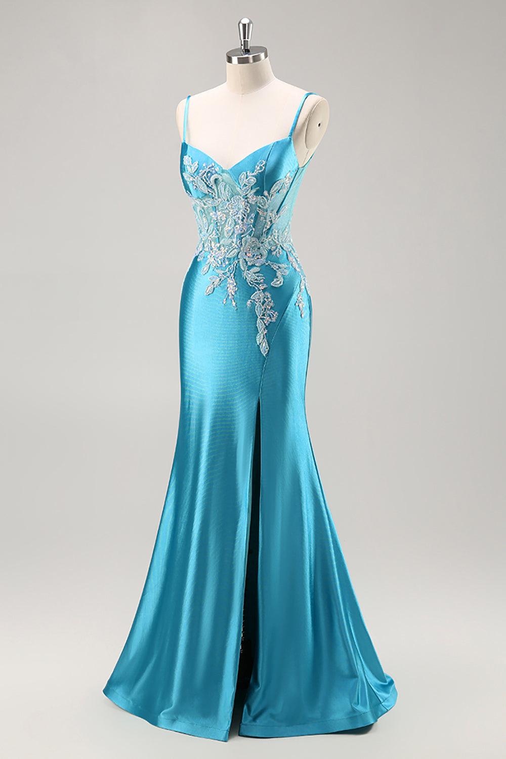 Blue Appliqued Satin Prom Dress with Slit