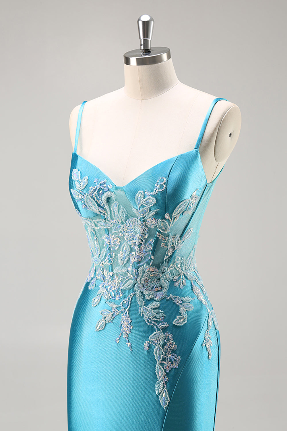 Blue Appliqued Satin Prom Dress with Slit