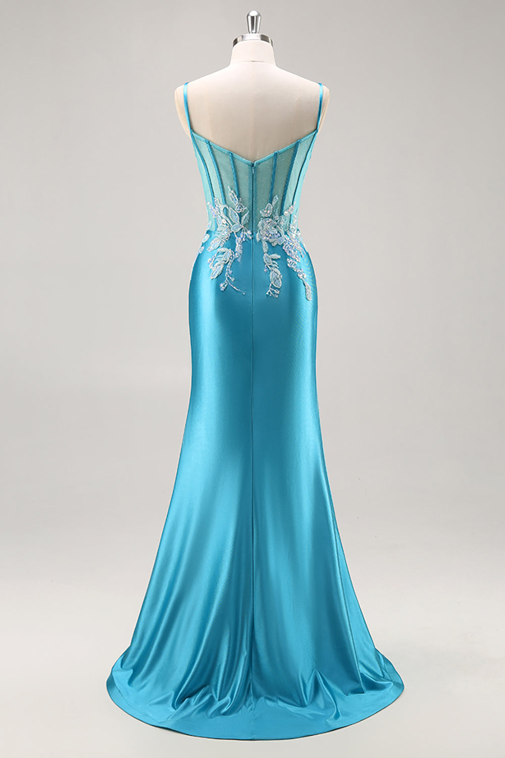 Blue Appliqued Satin Prom Dress with Slit
