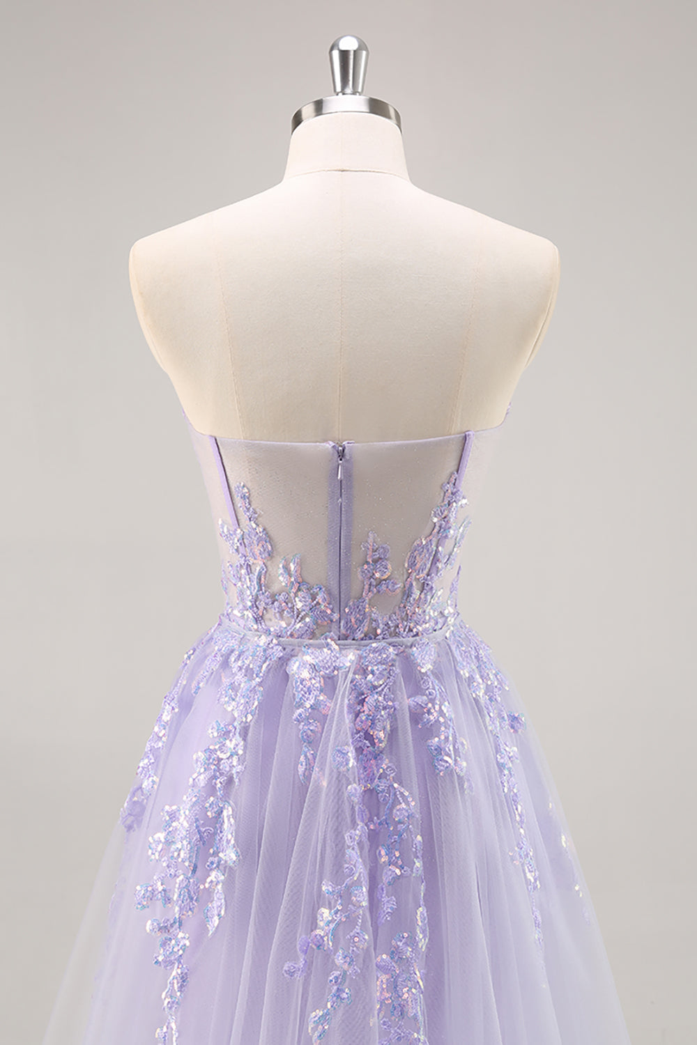 Strapless Appliqued Sequin Lilac Prom Dress with Detachable Train