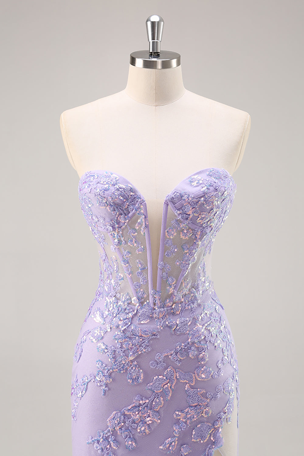 Strapless Appliqued Sequin Lilac Prom Dress with Detachable Train