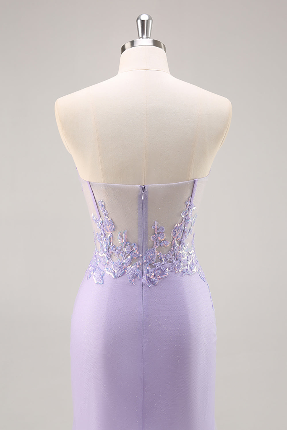 Strapless Appliqued Sequin Lilac Prom Dress with Detachable Train