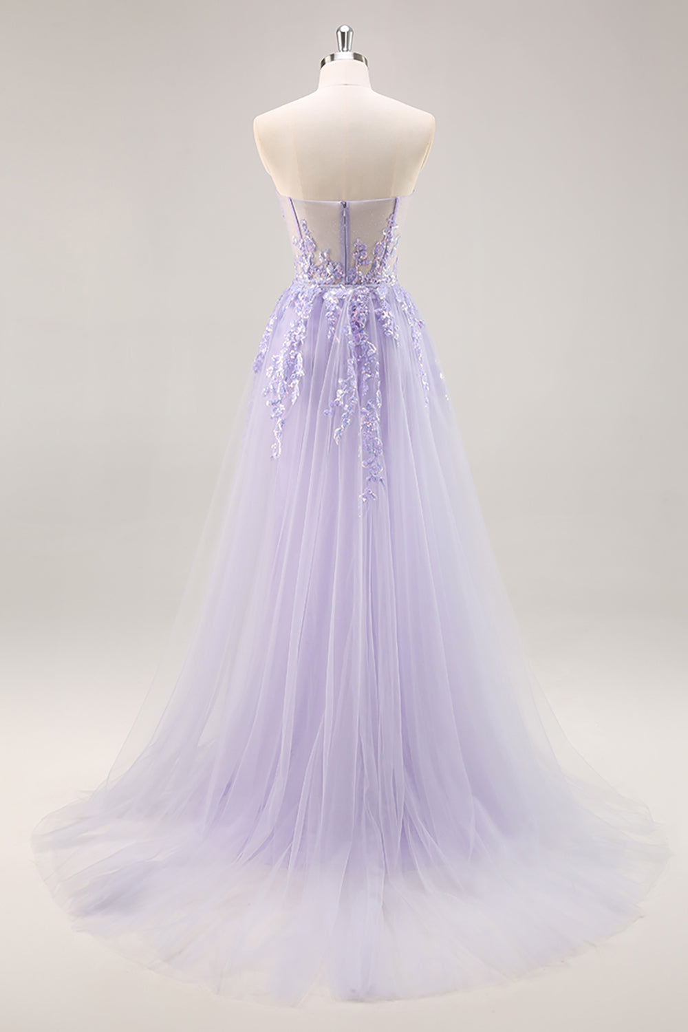 Strapless Appliqued Sequin Lilac Prom Dress with Detachable Train