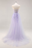 Strapless Appliqued Sequin Lilac Prom Dress with Detachable Train