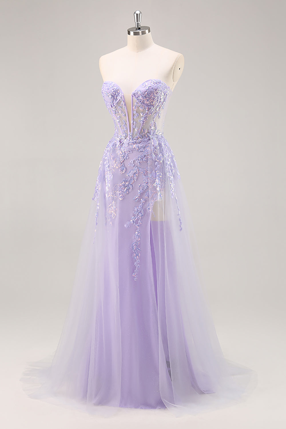 Strapless Appliqued Sequin Lilac Prom Dress with Detachable Train