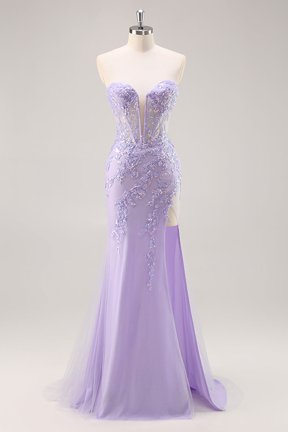 Strapless Appliqued Sequin Lilac Prom Dress with Detachable Train