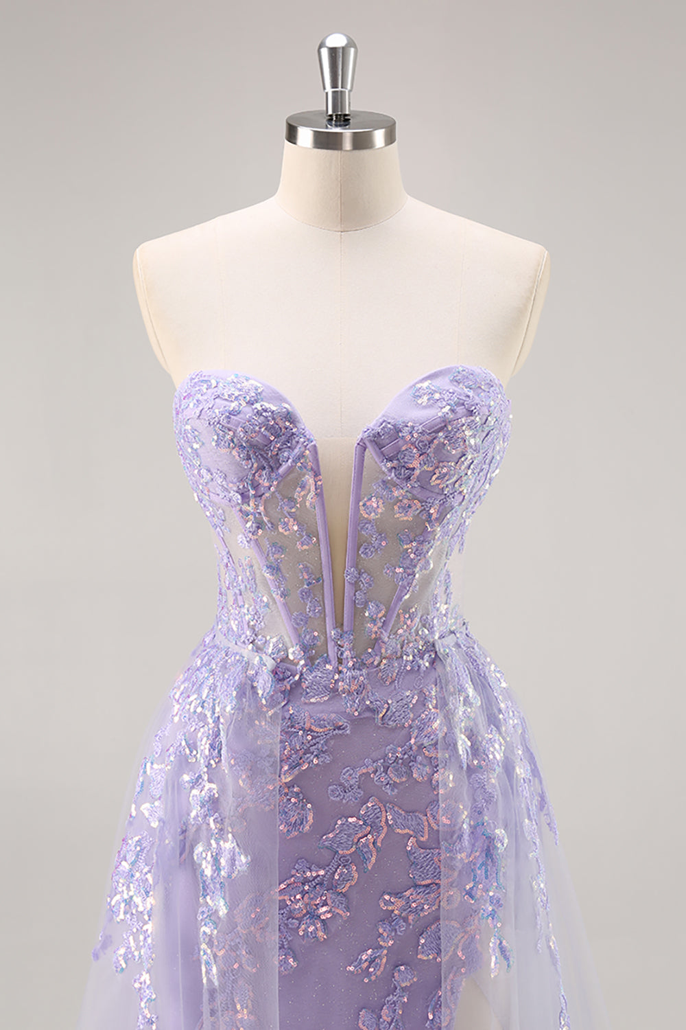 Strapless Appliqued Sequin Lilac Prom Dress with Detachable Train