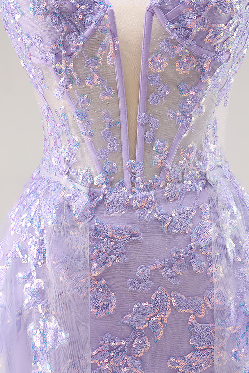 Strapless Appliqued Sequin Lilac Prom Dress with Detachable Train