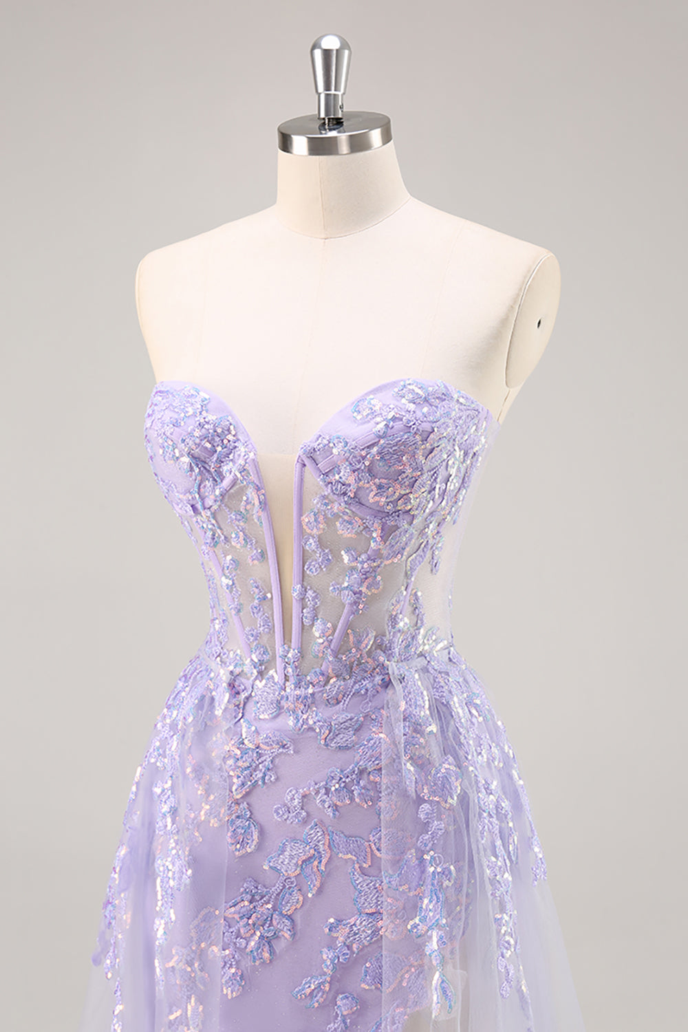 Strapless Appliqued Sequin Lilac Prom Dress with Detachable Train