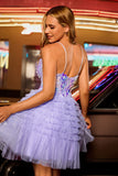 Corset A-Line Tiered Tulle Purple Homecoming Dress With Appliques