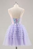 Corset A-Line Tiered Tulle Purple Homecoming Dress With Appliques