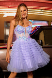 Corset A-Line Tiered Tulle Purple Homecoming Dress With Appliques