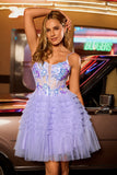 Corset A-Line Tiered Tulle Purple Homecoming Dress With Appliques