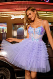 Corset A-Line Tiered Tulle Purple Homecoming Dress With Appliques