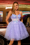 Corset A-Line Tiered Tulle Purple Homecoming Dress With Appliques
