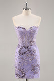 Strapless Purple Tight Homecoming Dress with Sequins
