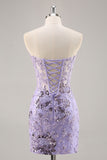Purple Corset Bodycon Strapless Homecoming Dress With Appliques