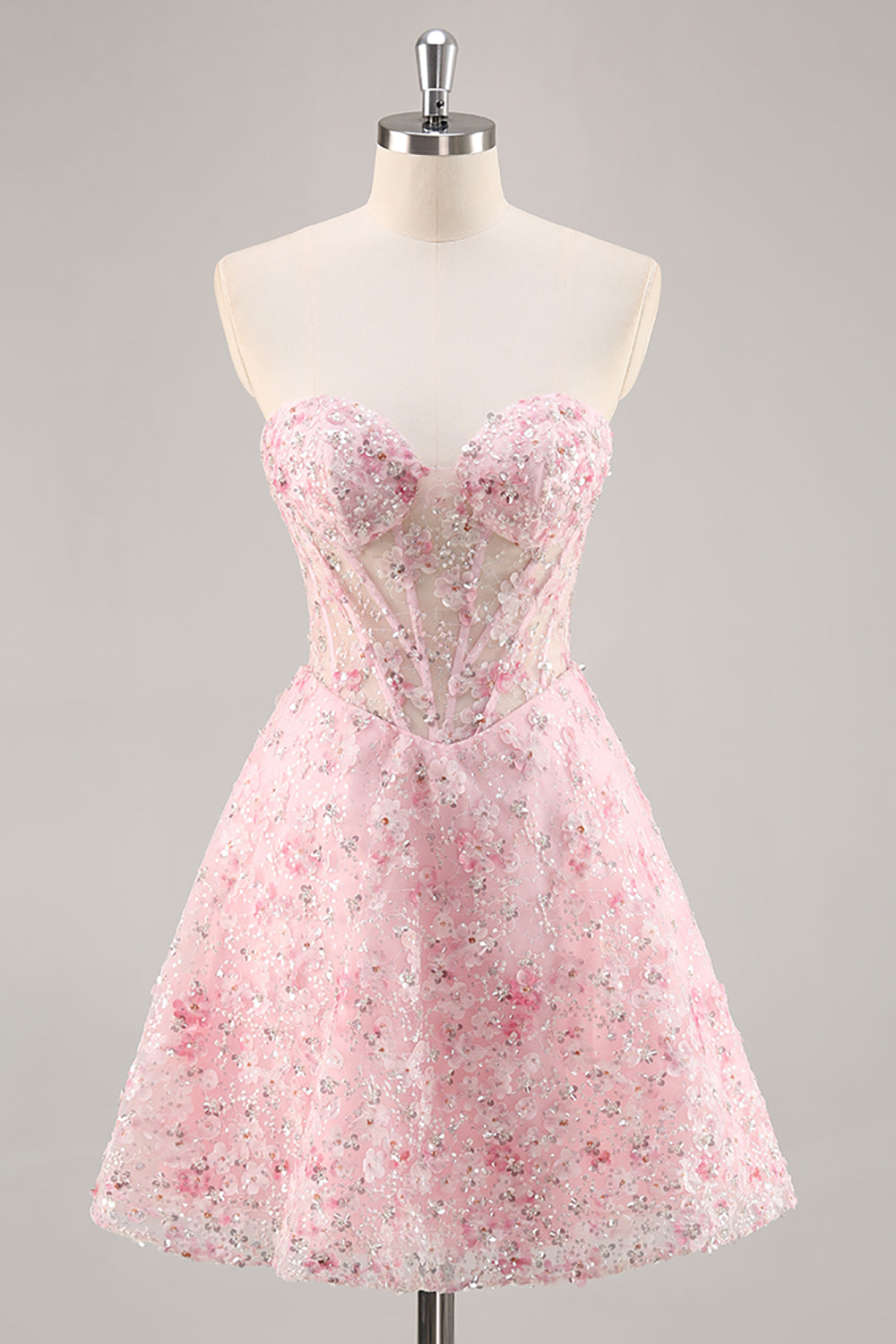 Pink Strapless Corset Floral A-Line Homecoming Dress with Appliques