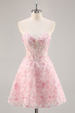 Floral Corset Strapless Pink Homecoming Dress with Appliques