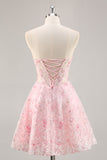 Pink Strapless Corset Floral A-Line Homecoming Dress with Appliques