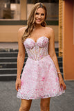 Pink Strapless Corset Floral A-Line Homecoming Dress with Appliques