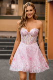 Pink Strapless Corset Floral A-Line Homecoming Dress with Appliques