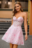 Pink Strapless Corset Floral A-Line Homecoming Dress with Appliques
