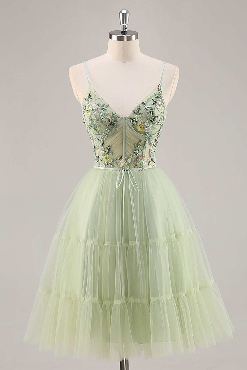 A-Line Appliqued Tulle Green Homecoming Dress