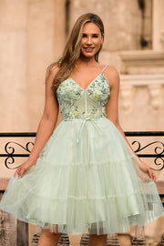 A-Line Appliqued Tulle Green Homecoming Dress
