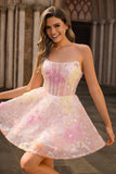 Sequin Corset Strapless A Line Pink Homecoming Dress with Appliques