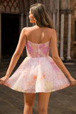Sequin Corset Strapless A Line Pink Homecoming Dress with Appliques