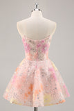 Sequin Corset Strapless A Line Pink Homecoming Dress with Appliques