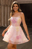 Sequin Corset Strapless A Line Pink Homecoming Dress with Appliques