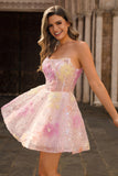 Sequin Corset Strapless A Line Pink Homecoming Dress with Appliques